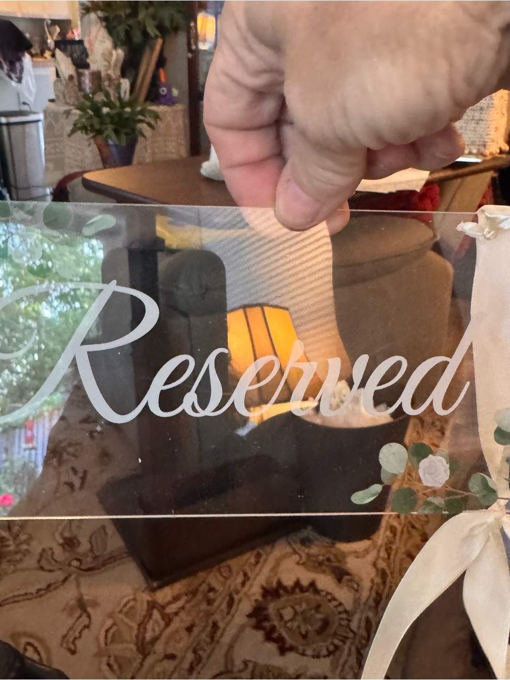 Clear Acrylic "Reserved" Sign with White Script